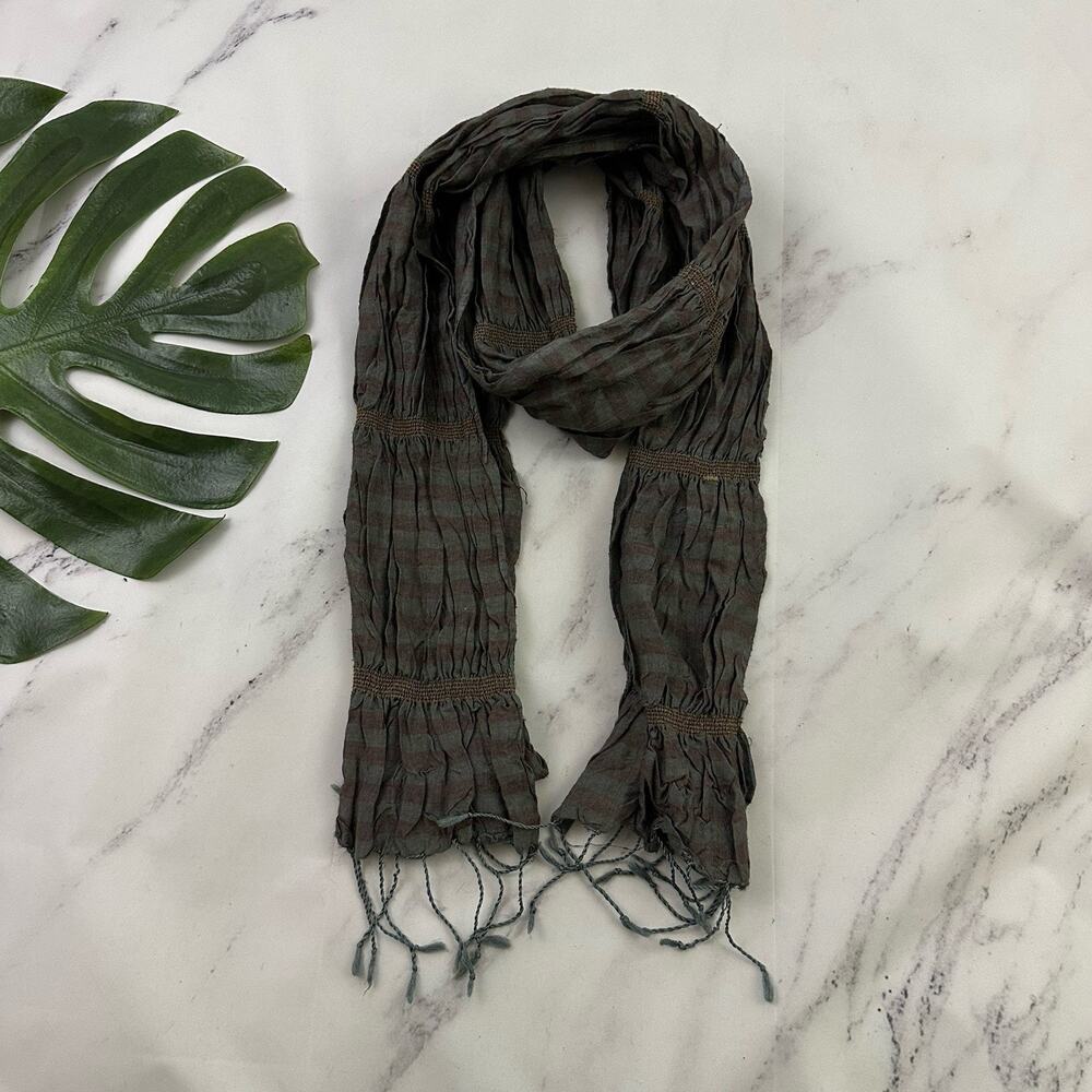 Vintage Y2k Womens Crinkle Scarf Gray Brown Stripes Fringe Trim Silk Blend
